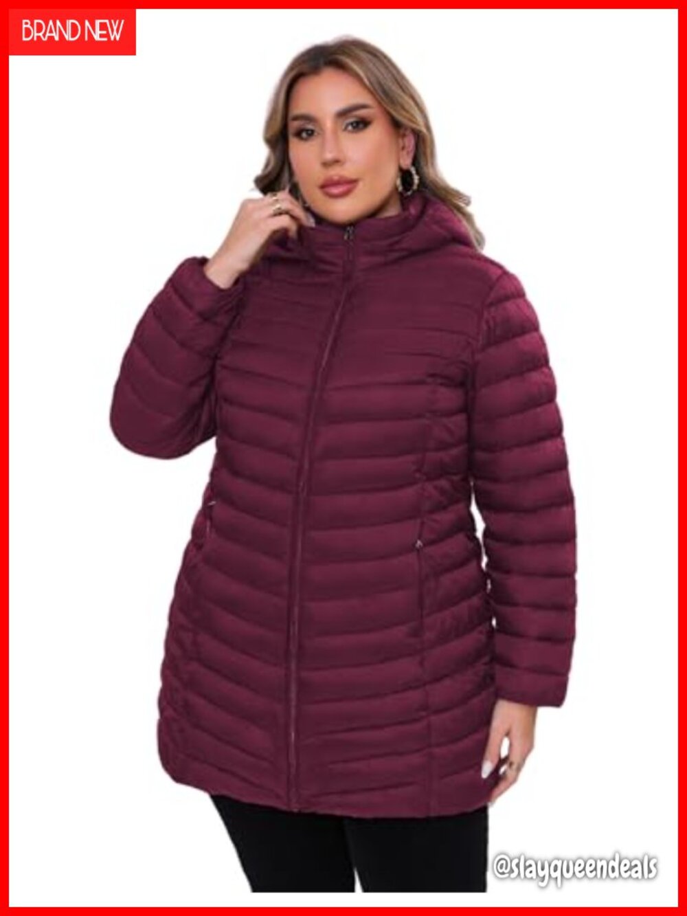Plus Size Packable Hooded Lightweight Puffer Jacket Long Sleeve